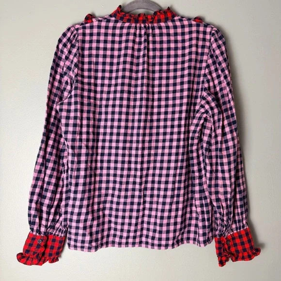 Boden Isla Frill Detail Pink and Black Plaid Cotton Flannel Button Up Shirt - Picture 8 of 10